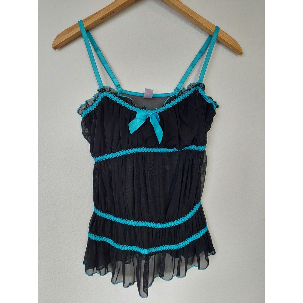Y2K Popsi Lingerie Sheer Mesh Tiered Cami Turquoise Lace Trim Size Medium